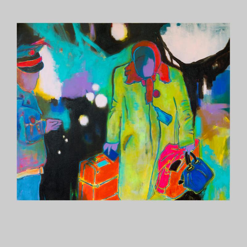 Christina Völker, Die Ankunft, Acryl, Bitumen, Tusche auf Leinwand, 100 x 120 cm, 2016
