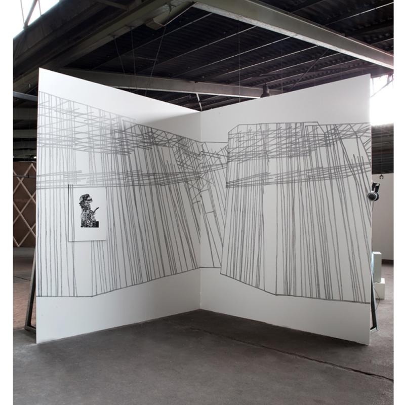 Maria Mathieu, LINIENzeichnungen N°9, Grafit auf Holz, Linolschnitt, Audio, 500 x 320 cm,                                               Künstfrühling 2011